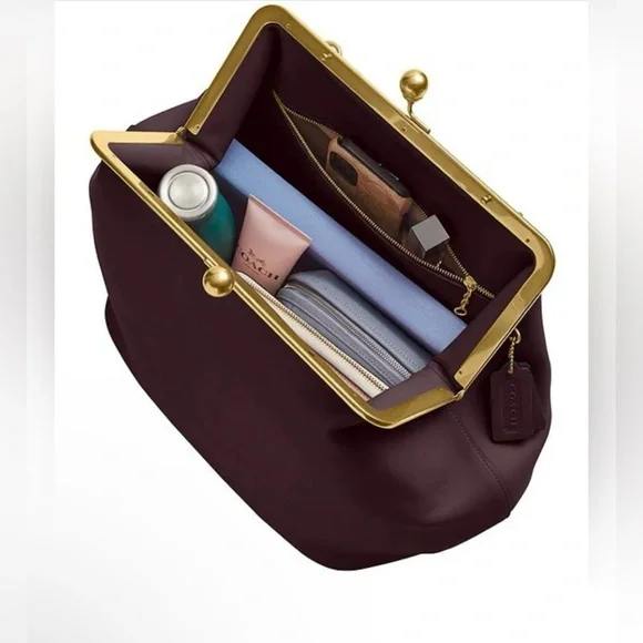 Coach Large Oversized Kisslock Frame Leather Clutch Handbag BLACK CURRANT Purse - Picture 5 of 9